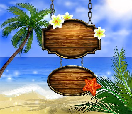 summer wooden sign on tropical beach background vector Stock Photo - Budget Royalty-Free & Subscription, Code: 400-08999312