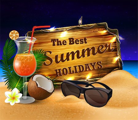 tropical vector background with summer night sky and wooden desk decorated with patio lights coconut orange beverage and sunglasses on a sand beach Stock Photo - Budget Royalty-Free & Subscription, Code: 400-08999313