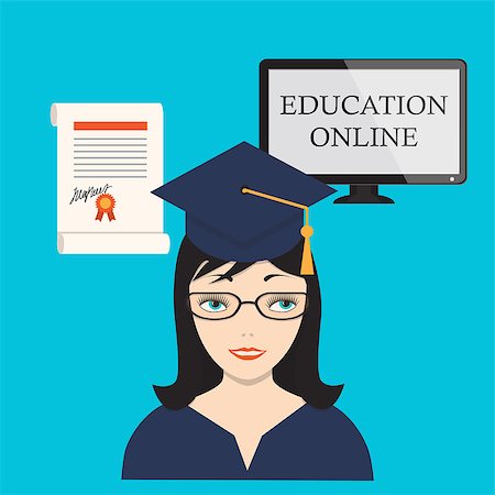Flat modern design concept of the education online for website or banner of e-learning, training, business, management courses with girl, diploma, computer monitor. eps 10 Photographie de stock - Aubaine LD & Abonnement, Code: 400-08999339