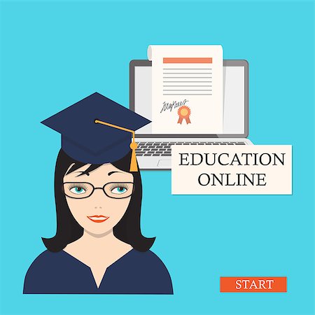 Flat modern design concept of the education online for website or banner of e-learning, training, business, management courses, online education with girl, diploma and laptop. eps 10 Photographie de stock - Aubaine LD & Abonnement, Code: 400-08999341