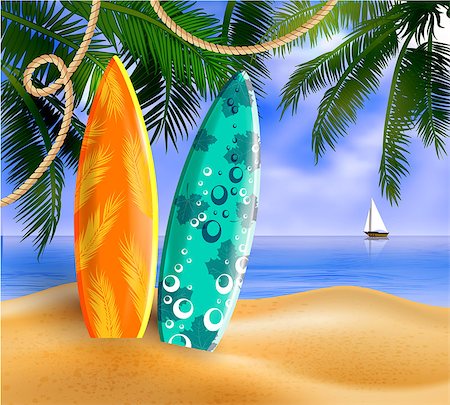 surfboards on a beach against a sunny seascape and palms Vector Stock Photo - Budget Royalty-Free & Subscription, Code: 400-08999410