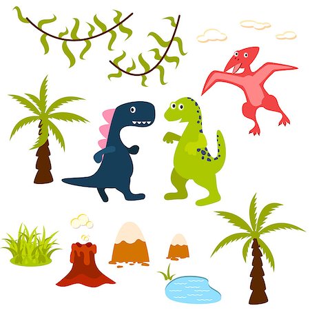 prehistoric cartoon trees - Dinosaur and jungle tree clipart set. Pterodactyl, t-rex, brontosaurus, palm, lake, liana and volcano. Dino clip-art for kids. Stock Photo - Budget Royalty-Free & Subscription, Code: 400-08999429