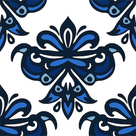 Luxury Damask flower vintage background. Blue and white damask luxury seamless pattern. Abstract ornamental vector for fabric Photographie de stock - Aubaine LD & Abonnement, Code: 400-08999553