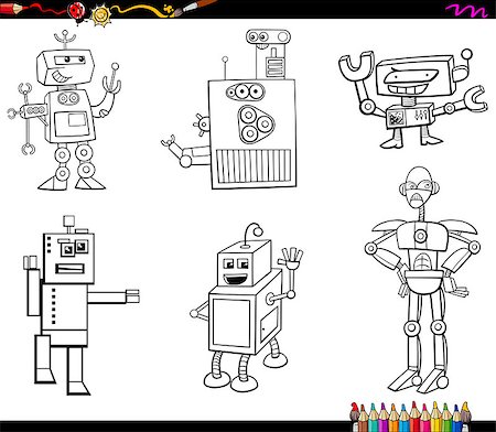 Black and White Cartoon Illustration of Robot Fantasy Characters Set Coloring Book Stock Photo - Budget Royalty-Free & Subscription, Code: 400-08999590