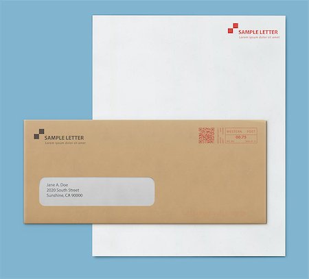 simsearch:400-05905833,k - Vector illustration of closed brown envelope for letters and documents with transparent window and corporate letterhead blank paper isolated on blue background. Mockup post envelope and letter paper template Foto de stock - Super Valor sin royalties y Suscripción, Código: 400-08999661