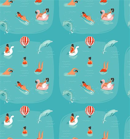 Hand drawn vector abstract summer time fun seamless pattern with swimming happy people in sea water with jumping dolphins isolated on blue background. Stock Photo - Budget Royalty-Free & Subscription, Code: 400-08999835