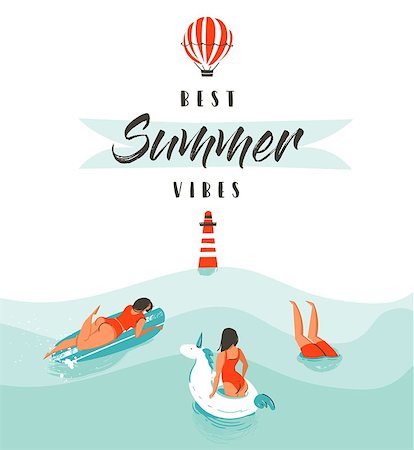 Hand drawn vector abstract summer time fun illustration with swimming happy people in water with lighthouse,hot air balloon and modern typography quote Best Summer Vibes isolated on white background Stock Photo - Budget Royalty-Free & Subscription, Code: 400-08999836