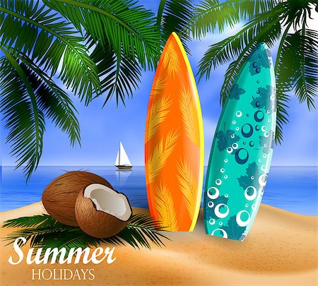 surfboards on a beach against a sunny seascape cocnut and palms Vector Stock Photo - Budget Royalty-Free & Subscription, Code: 400-08999883