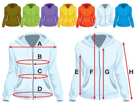 Sweatshirt template with measurement and colorful collection of sweatshirts Stock Photo - Budget Royalty-Free & Subscription, Code: 400-08999944