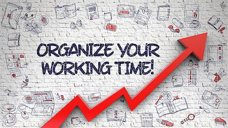 simsearch:400-07830623,k - Organize Your Working Time - Modern Style Illustration with Hand Drawn Elements. Organize Your Working Time - Development Concept with Doodle Design Icons Around on the Brick Wall Background. Fotografie stock - Microstock e Abbonamento, Codice: 400-09009007