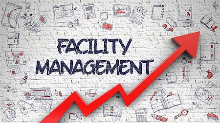 simsearch:400-08772702,k - Facility Management - Modern Style Illustration with Doodle Design Elements. White Brick Wall with Facility Management Inscription and Red Arrow. Success Concept. Stock Photo - Budget Royalty-Free & Subscription, Code: 400-09009016