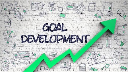 simsearch:400-09010206,k - White Brickwall with Goal Development Inscription and Green Arrow. Business Concept. Goal Development Inscription on Modern Style Illustation. with Green Arrow and Doodle Design Icons Around. Stockbilder - Microstock & Abonnement, Bildnummer: 400-09009056