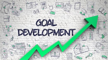 simsearch:400-09010206,k - White Brickwall with Goal Development Inscription and Green Arrow. Business Concept. Goal Development Inscription on Modern Style Illustation. with Green Arrow and Doodle Design Icons Around. Foto de stock - Super Valor sin royalties y Suscripción, Código: 400-09009056