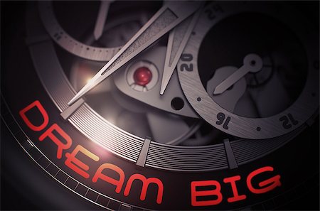 simsearch:400-08497774,k - Dream Big - Black and White Close View of Watch Mechanism. Dream Big on Automatic Men Wristwatch, Chronograph Close-Up. Work Concept Illustration with Glow Effect and Lens Flare. 3D Rendering. Foto de stock - Super Valor sin royalties y Suscripción, Código: 400-09009304