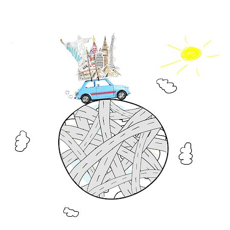 simsearch:400-06553976,k - Around the world travel memories. Blue retro toy car with famous monuments on roof at cartoon planet. Foto de stock - Royalty-Free Super Valor e Assinatura, Número: 400-09009738