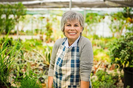 flower sale - Beautiful mature woman gardening and looking at camera while smiling Stock Photo - Budget Royalty-Free & Subscription, Code: 400-09009747