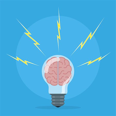 simsearch:400-08343539,k - picture of human brain unside a light bulb and a lightning around, brainstorming, new idea and creativity concept, flat style illustration Photographie de stock - Aubaine LD & Abonnement, Code: 400-09000093