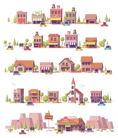 simsearch:400-09142236,k - Vector low poly 2d small town scenes set Stock Photo - Budget Royalty-Free & Subscription, Code: 400-09000243