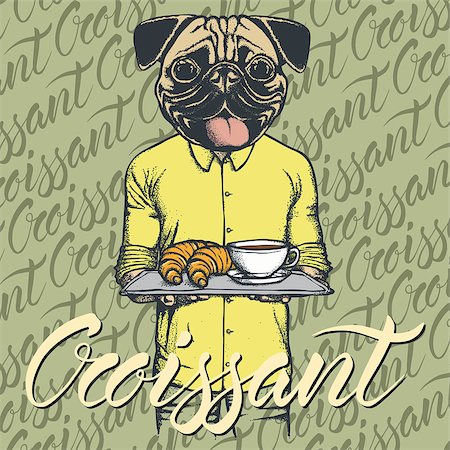 fashion dog cartoon - Breakfast vector concept. Illustration of pug dog with croissant and coffee Stock Photo - Budget Royalty-Free & Subscription, Code: 400-09000275