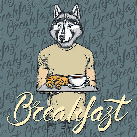 fashion dog cartoon - Breakfast vector concept. Illustration of husky dog with croissant and coffee Stock Photo - Budget Royalty-Free & Subscription, Code: 400-09000277