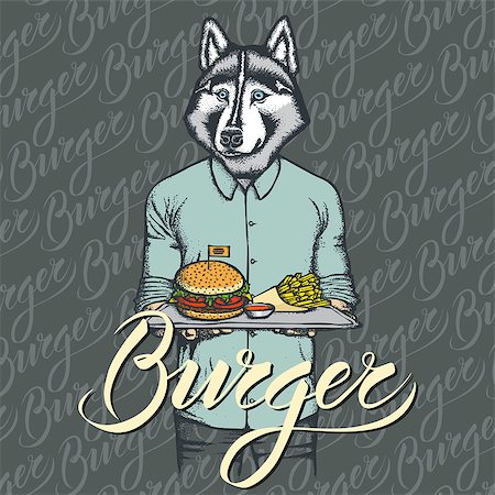 simsearch:400-09080795,k - Fast food vector concept. Illustration of husky dog with burger and French fries Stock Photo - Budget Royalty-Free & Subscription, Code: 400-09000278