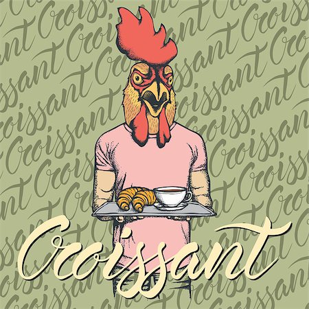 simsearch:400-09080674,k - Breakfast vector concept. Illustration of rooster with croissant and coffee Foto de stock - Super Valor sin royalties y Suscripción, Código: 400-09000286