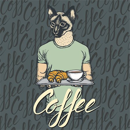 simsearch:400-09080674,k - Breakfast vector concept. Illustration of cat with croissant and coffee Foto de stock - Super Valor sin royalties y Suscripción, Código: 400-09000281