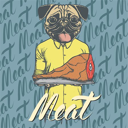fashion dog cartoon - Vector pug dog with meat ham illustration. Vector food concept Stock Photo - Budget Royalty-Free & Subscription, Code: 400-09000292