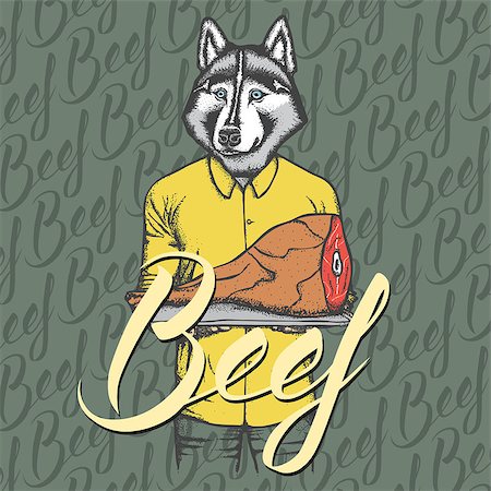 fashion dog cartoon - Vector dog husky with meat ham illustration. Vector food concept Stock Photo - Budget Royalty-Free & Subscription, Code: 400-09000293