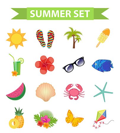 flamingo not pink not bird - Hello summer icon set, flat, cartoon style. Beach, vacation collection of design elements. Isolated on white background. Vector illustration, clip-art Stock Photo - Budget Royalty-Free & Subscription, Code: 400-09000341