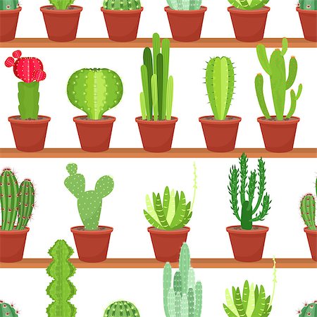 simsearch:400-09121573,k - Seamless pattern of flowers pots with cacti and succulents in floral racks and shelves. Cartoon style vector background Photographie de stock - Aubaine LD & Abonnement, Code: 400-09000388