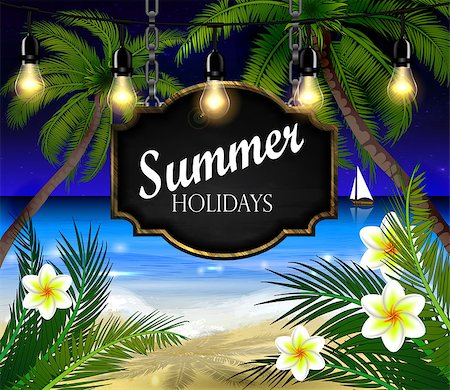 summer black board sign on tropical beach background with patio lights vector Stock Photo - Budget Royalty-Free & Subscription, Code: 400-09000396