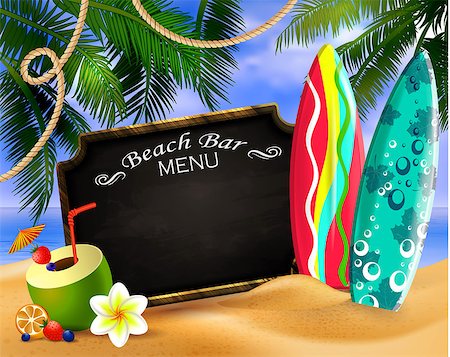 tropical vector background with leaves of palm trees summer sky and clouds wooden frame and chalk board for beach bar or restaurant menu coconut and surfing boards on a sand beach. Stock Photo - Budget Royalty-Free & Subscription, Code: 400-09000400