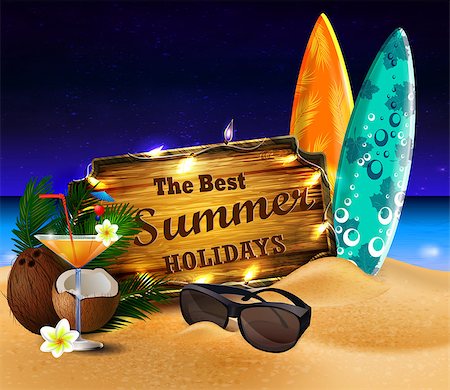 tropical vector background with summer night sky and wooden desk decorated with patio lights coconut orange beverage surfing boards and sunglasses on a sand beach Stock Photo - Budget Royalty-Free & Subscription, Code: 400-09000440