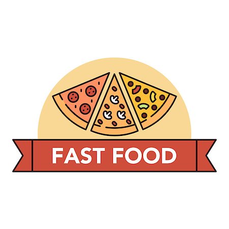 Illustration set of different kinds of pizza on white background with lettering on a red ribbon. Junk food and unhealthy lifestyle topic. Foto de stock - Super Valor sin royalties y Suscripción, Código: 400-09000806