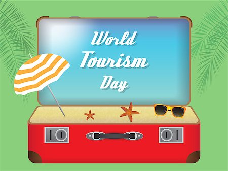 simsearch:400-08696041,k - red suitcase with beach and sky with the inscription world tourism day Fotografie stock - Microstock e Abbonamento, Codice: 400-09000977