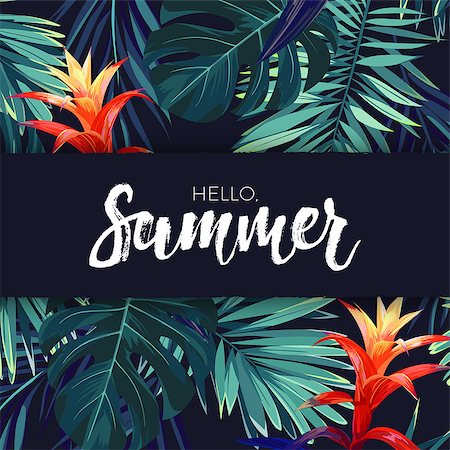 Green summer tropical background with exotic palm leaves and flowers. Vector floral background. Stock Photo - Budget Royalty-Free & Subscription, Code: 400-09001317