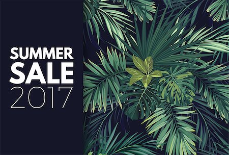 Green summer tropical flyer or banner design with exotic palm leaves and plants. Vector floral background. Stock Photo - Budget Royalty-Free & Subscription, Code: 400-09001322