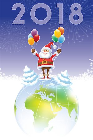 simsearch:400-07795877,k - Smiling Santa Claus standing on a top of world globe, New Year 2018 in the sky. Stock Photo - Budget Royalty-Free & Subscription, Code: 400-09001420