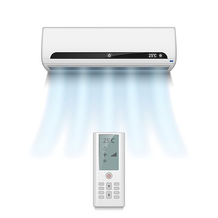 simsearch:400-08045642,k - Realistic air conditioner isolated on white with cold air symbols. Modern air conditioner with remote control vector illustration EPS 10 Stock Photo - Budget Royalty-Free & Subscription, Code: 400-09001460