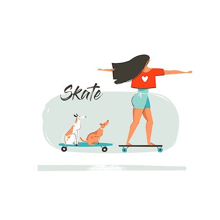 Hand drawn vector cartoon summer time fun illustration with young girl riding on long board,dogs on skateboards and modern typography Skate isolated on white background. Stock Photo - Budget Royalty-Free & Subscription, Code: 400-09001489