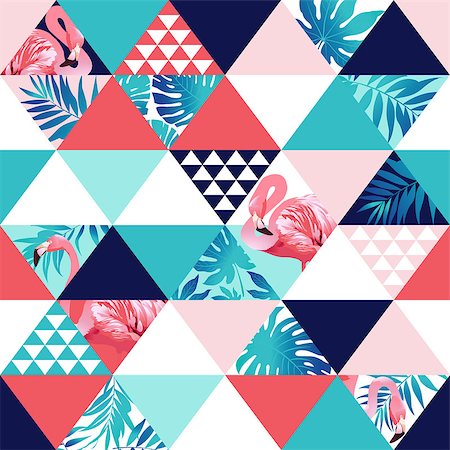 Exotic beach trendy seamless pattern, patchwork illustrated floral vector tropical banana leaves. Jungle pink flamingos Wallpaper print background mosaic Stock Photo - Budget Royalty-Free & Subscription, Code: 400-09001480