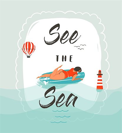 surfer underwater - Hand drawn vector abstract cartoon summer time fun illustration with swimming girl on surfboard and modern typography quote See the sea isolated on white background Stock Photo - Budget Royalty-Free & Subscription, Code: 400-09001496