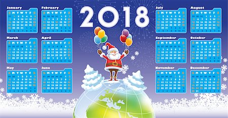 simsearch:400-07795877,k - Smiling Santa Claus standing on a top of world globe, New Calendar 2018 in the background. Stock Photo - Budget Royalty-Free & Subscription, Code: 400-09001503