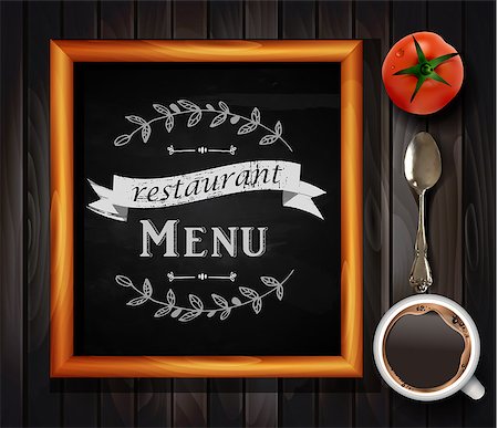 Menu on Chalkboard background with hand drawn ornament for restaurant in wooden frame on wooden background with tomato coffee and a tea spoon Stock Photo - Budget Royalty-Free & Subscription, Code: 400-09001596