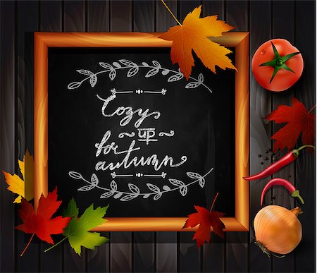 drawn images of maple leaves - Chalkboard with autumn leaves and cup of coffee chili pepper onion and tomato Stock Photo - Budget Royalty-Free & Subscription, Code: 400-09001597