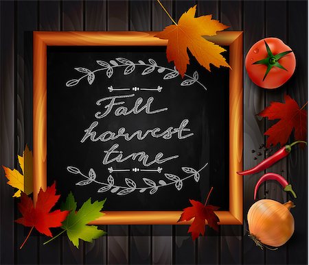 drawn images of maple leaves - Chalkboard with autumn leaves and cup of coffee chili pepper onion and tomato Stock Photo - Budget Royalty-Free & Subscription, Code: 400-09001598