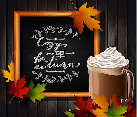 drawn images of maple leaves - Chalkboard with autumn leaves and cup Hot chocolate Stock Photo - Budget Royalty-Free & Subscription, Code: 400-09001599