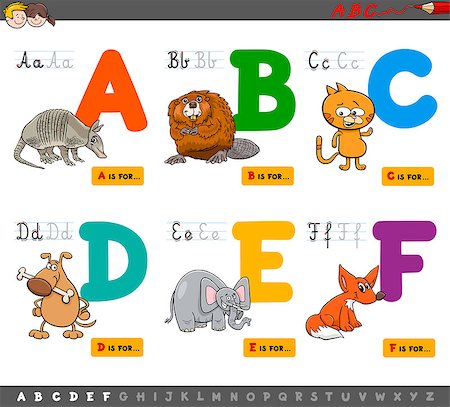 Cartoon Illustration of Capital Letters Alphabet Set with Animal Characters for Reading and Writing Education for Children from A to F Stock Photo - Budget Royalty-Free & Subscription, Code: 400-09001631