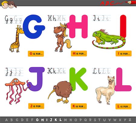 simsearch:400-09048266,k - Cartoon Illustration of Capital Letters Alphabet Set with Animal Characters for Reading and Writing Education for Children from G to L Foto de stock - Super Valor sin royalties y Suscripción, Código: 400-09001632